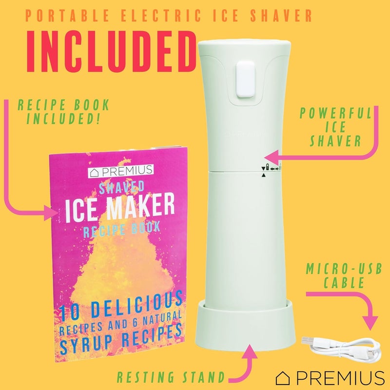 PREMIUS Cordless Shaved Ice Maker by – Lightweight, Rechargeable, Bonus Recipe Book, Resting Stand – Caribbean Shaved Ice! USB Cord Included – Up to 40 Snow Cones Per Charge! No Molds Needed! (Mint) - Image 5