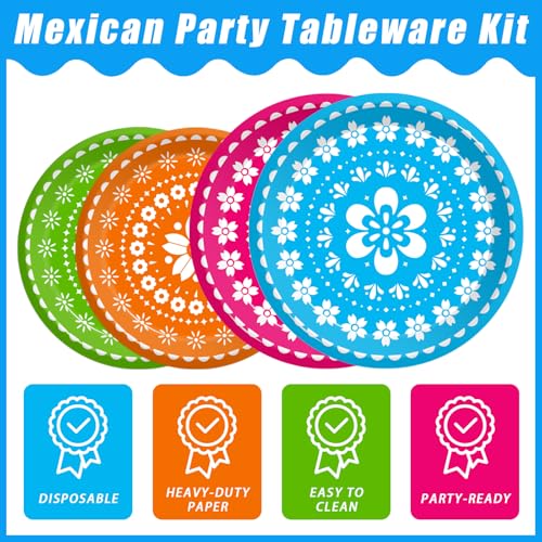 Kepeel 96 Pcs Fiesta Party Plates, Mexican Cinco De Mayo Party Decorations Supplies Mexican Papel Picado Disposable Paper Plates Napkins for Taco Carnival Birthday Baby Shower Tableware, Serves 24 - Image 3
