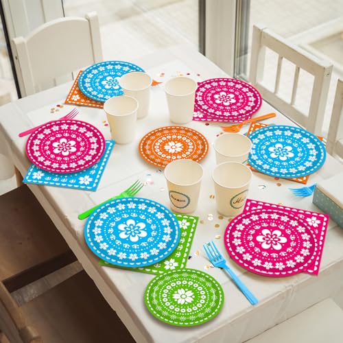 Kepeel 96 Pcs Fiesta Party Plates, Mexican Cinco De Mayo Party Decorations Supplies Mexican Papel Picado Disposable Paper Plates Napkins for Taco Carnival Birthday Baby Shower Tableware, Serves 24 - Image 5