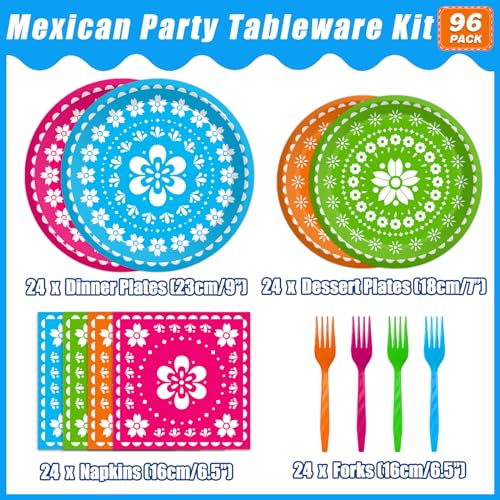 Kepeel 96 Pcs Fiesta Party Plates, Mexican Cinco De Mayo Party Decorations Supplies Mexican Papel Picado Disposable Paper Plates Napkins for Taco Carnival Birthday Baby Shower Tableware, Serves 24 - Image 2