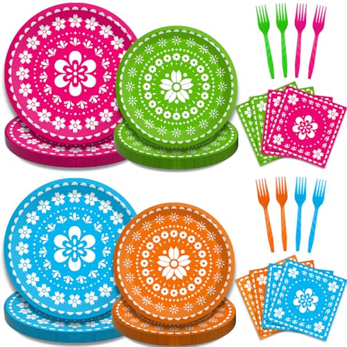 Kepeel 96 Pcs Fiesta Party Plates, Mexican Cinco De Mayo Party Decorations Supplies Mexican Papel Picado Disposable Paper Plates Napkins for Taco Carnival Birthday Baby Shower Tableware, Serves 24 - Image 1