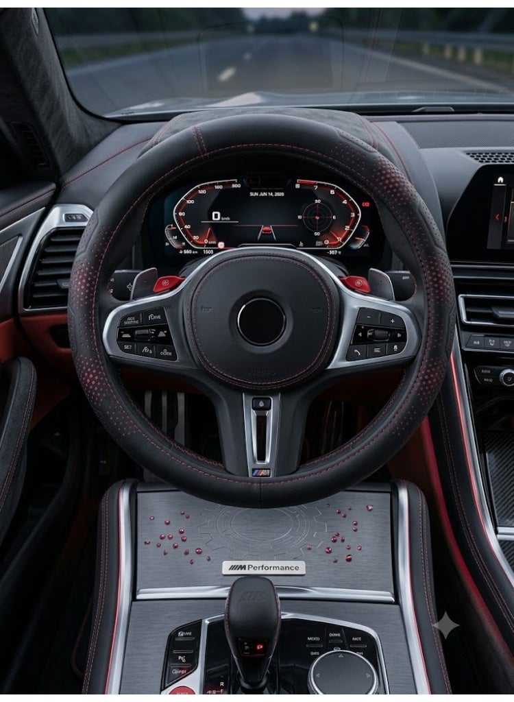 CGS Premium Black Leather Steering Wheel Cover with Red Stitching – Non-Slip - Image 3