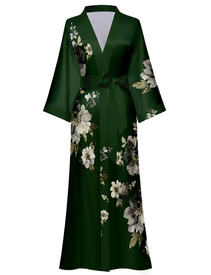 Kihnop Women's Floral Long Kimono Robe Japanese Style Long Satin Robe Long Silk Robe Ladies Kimonos Silky Bathrobe Cover Up - Image 1