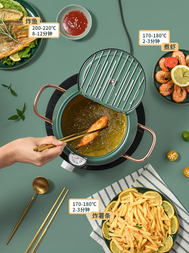 Cyrder Japanese Tempura Deep Fryer Pot with Fahrenheit Thermometer 3.5L- Nonstick Carbon Steel Oil Fryer, Fried Tempura/Chicken/Fish/Shrimp, Easy Clean, Green Big Tempura Pan, 10.2inch - Image 2