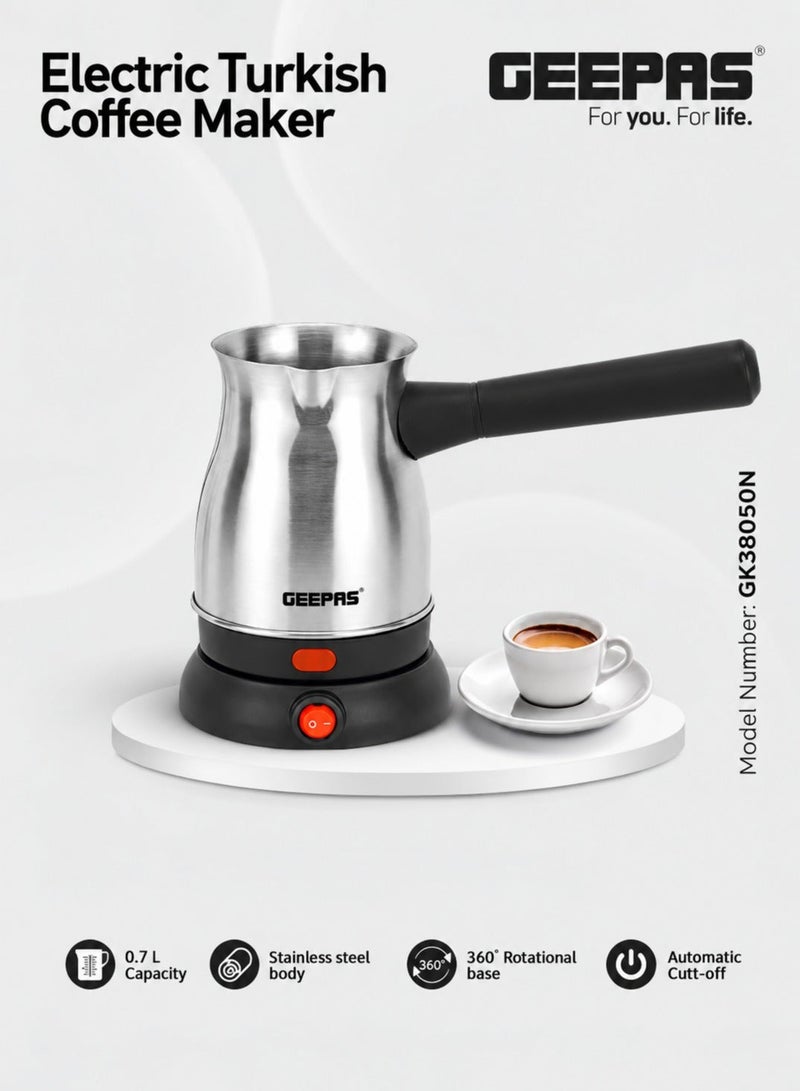 GEEPAS Electric Turkish Coffee Maker 0.7L Capacity, Stainless Steel | 360-Degree Rotation | Non-Automatic Cut Off | Coffee Kettle for Home Office 0.7 L 800 W GK38050N silver - Image 1