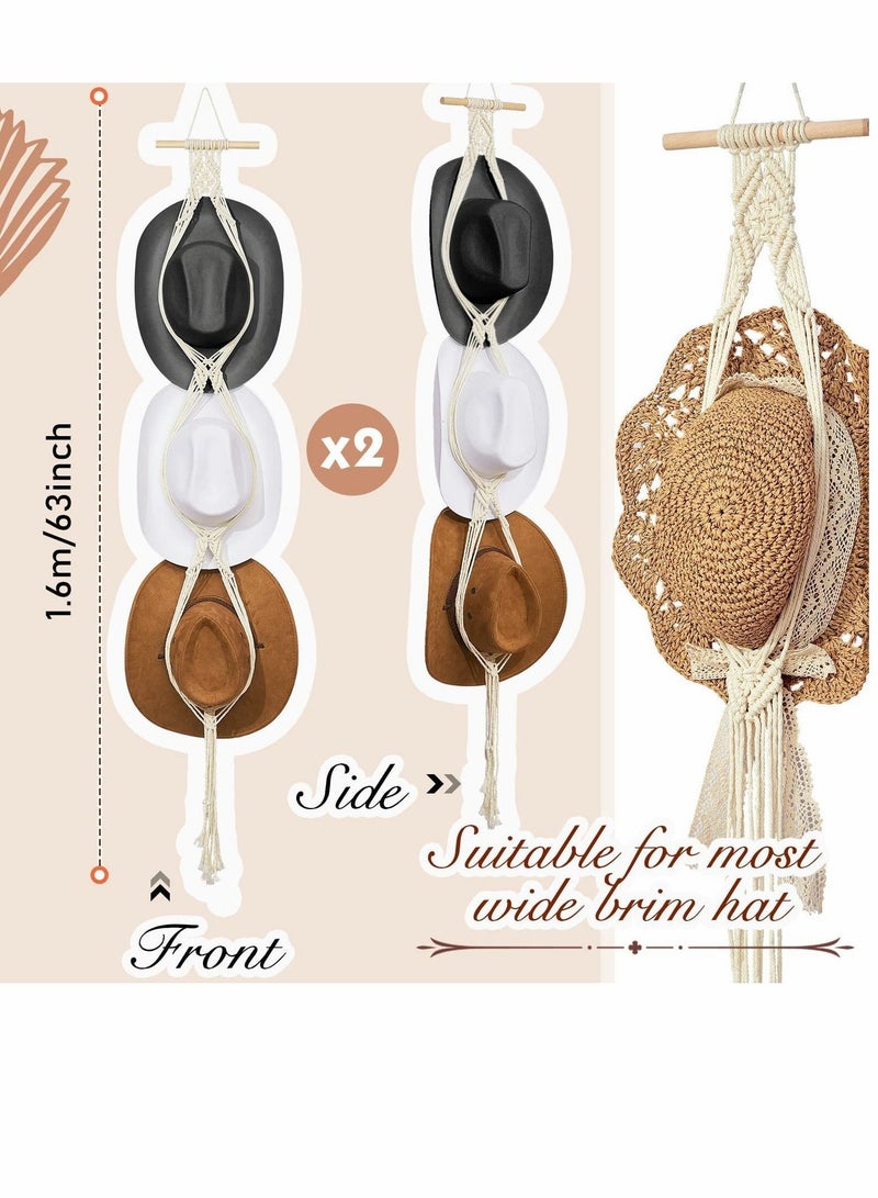 Y&D Hat Organizer Bohemian Wall Hanging Wooden Hooks Boho Hangers for Display Hand Weaving Rack Decorative Cap Holder Wide Brim (2 Pieces)  - Image 2