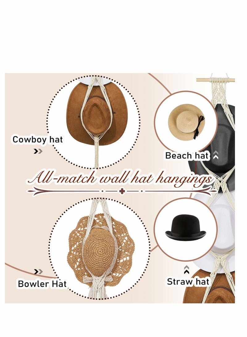 Y&D Hat Organizer Bohemian Wall Hanging Wooden Hooks Boho Hangers for Display Hand Weaving Rack Decorative Cap Holder Wide Brim (2 Pieces)  - Image 4