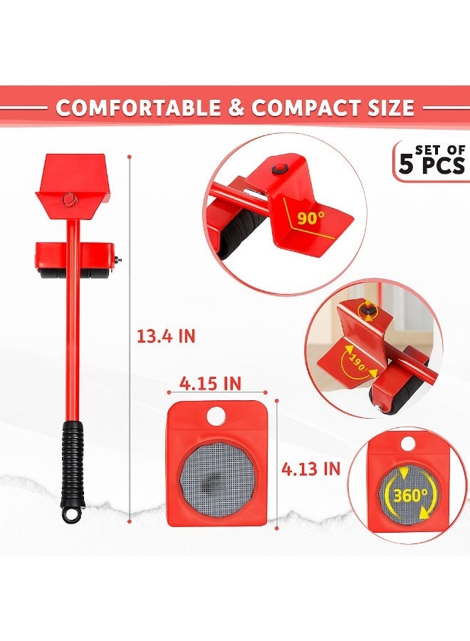 Furniture Lifter and Mover Tool Set | 5 Pcs Heavy Duty Furniture Moving Kit with Wheels | Easy Lifting & Shifting Tool for Sofa, Bed, Refrigerator & Appliances – Red - Image 3