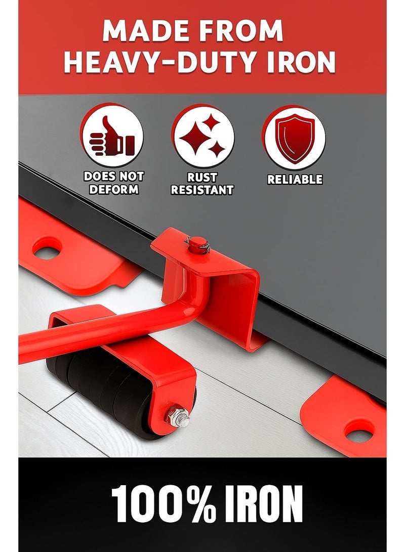 Furniture Lifter and Mover Tool Set | 5 Pcs Heavy Duty Furniture Moving Kit with Wheels | Easy Lifting & Shifting Tool for Sofa, Bed, Refrigerator & Appliances – Red - Image 2