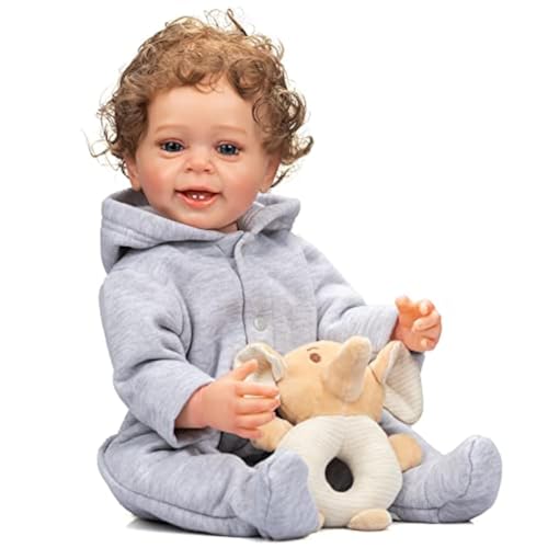 ROSHUAN Reborn Baby Boy 22 inch Anatomically Correct Baby Boy Doll Silicone Full Body Realistic Boy Toddler Baby Dolls Curly Hair with Teeth for Boys Girls Gift - Image 1