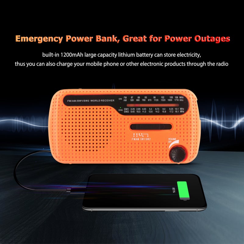 Emergency Radio Hand Crank Solar Radio 1200mAh Rechargeable Portable Power Bank LED Flashlight AM / FM / SW1 / SW2 World Band Receiver Battery Operated with Flashlight Solar Cell Phone Charger - Image 2