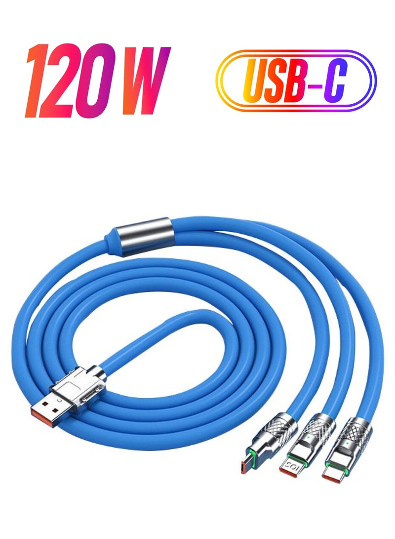 Ocean 6A Hight Current 3 in 1 Fast Charger Cord Multi Function Charging Cable120W, 1.2 Meter Super Soft Silicone Universal USB Charging Cable Adapter with Lightning/Type C/USB Port(sky blue)