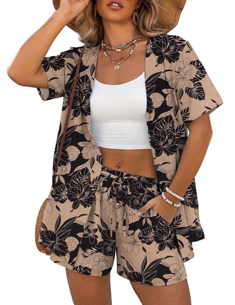 REDHOTYPE Womens 2 Piece Outfits Lightweight Button Down Top Casual Shorts Printed Summer Vacation Sets, Apricot Flower Large - Image 1