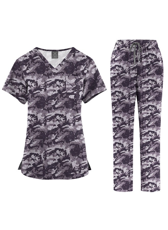 NIBEMINENT Surgical Uniforms Women Printed Medical Scrub Set Beauty Salon Workwear Pet Clinical Scrubs Top + Pant Doctor Nursing Tunic Suit - Image 1