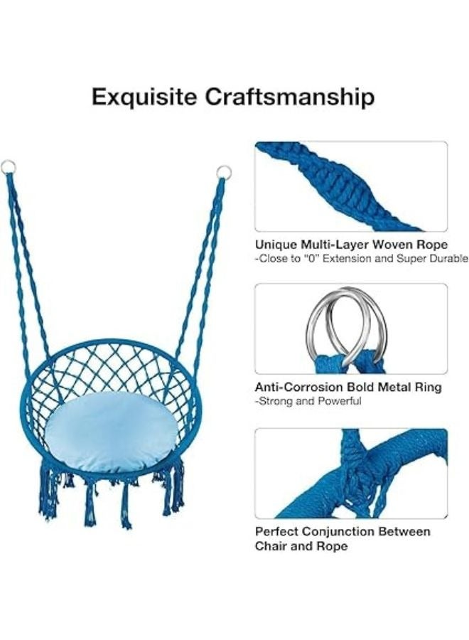 Harmony Home Hammock Chair, 80"x59"x2.5" Hanging Macrame Swing with Cushion, 330 Lbs Capacity, Blue Cotton Rope Chair for Indoor, Outdoor, Bedroom, Patio, Garden, Porch - Image 4