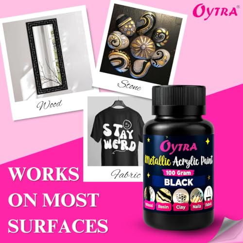 Oytra Metallic Colour Acrylic Paint Set 100 Grams Metal for DIY Art and Craft Shimmer Drop Color Set Glass Wood Wall Rock Car Steel Painting Drawings on Canvas (Black) - Image 4