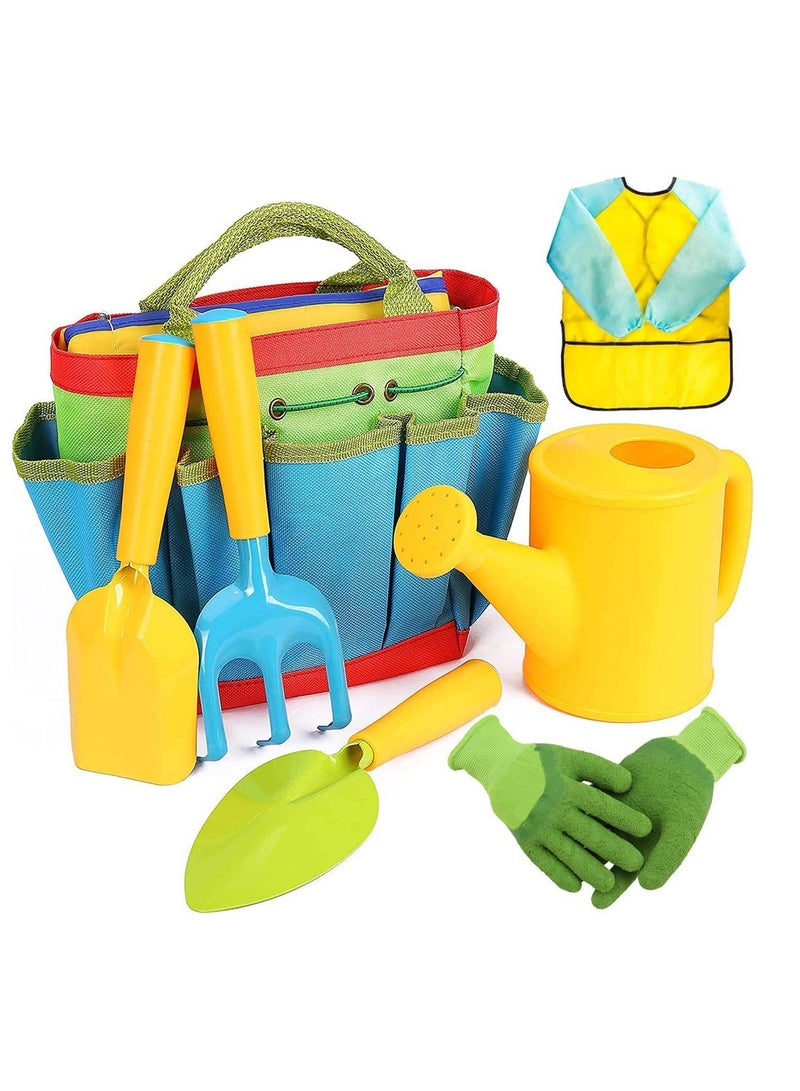 SOLARAE Gardening Tool Set for Kids Children 7 Piece Garden with Watering Can Gloves Shovel Rake Trowel and Smock - Image 1
