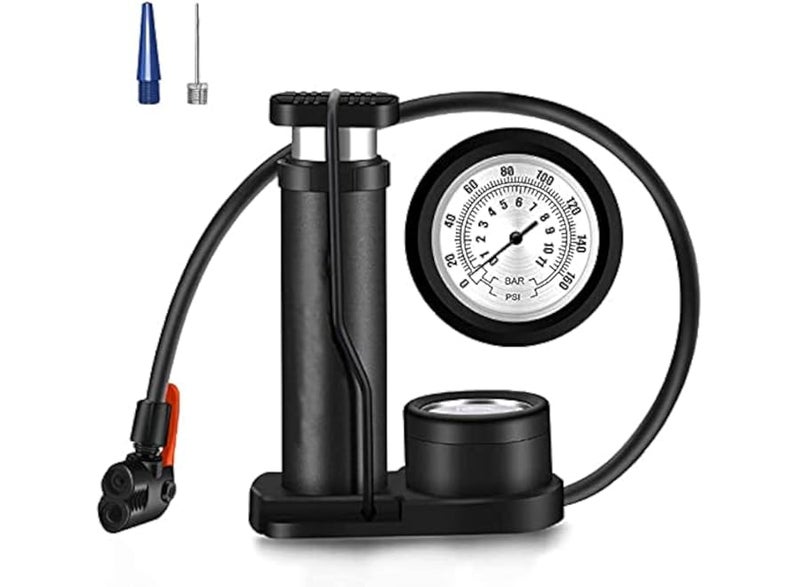 Mini foot-operated bicycle tire inflator with pressure gauge, tire inflator for Presta and Schrader valves with gas needle, compatible with all bicycles, balloons, and inflatable toys. - Image 1