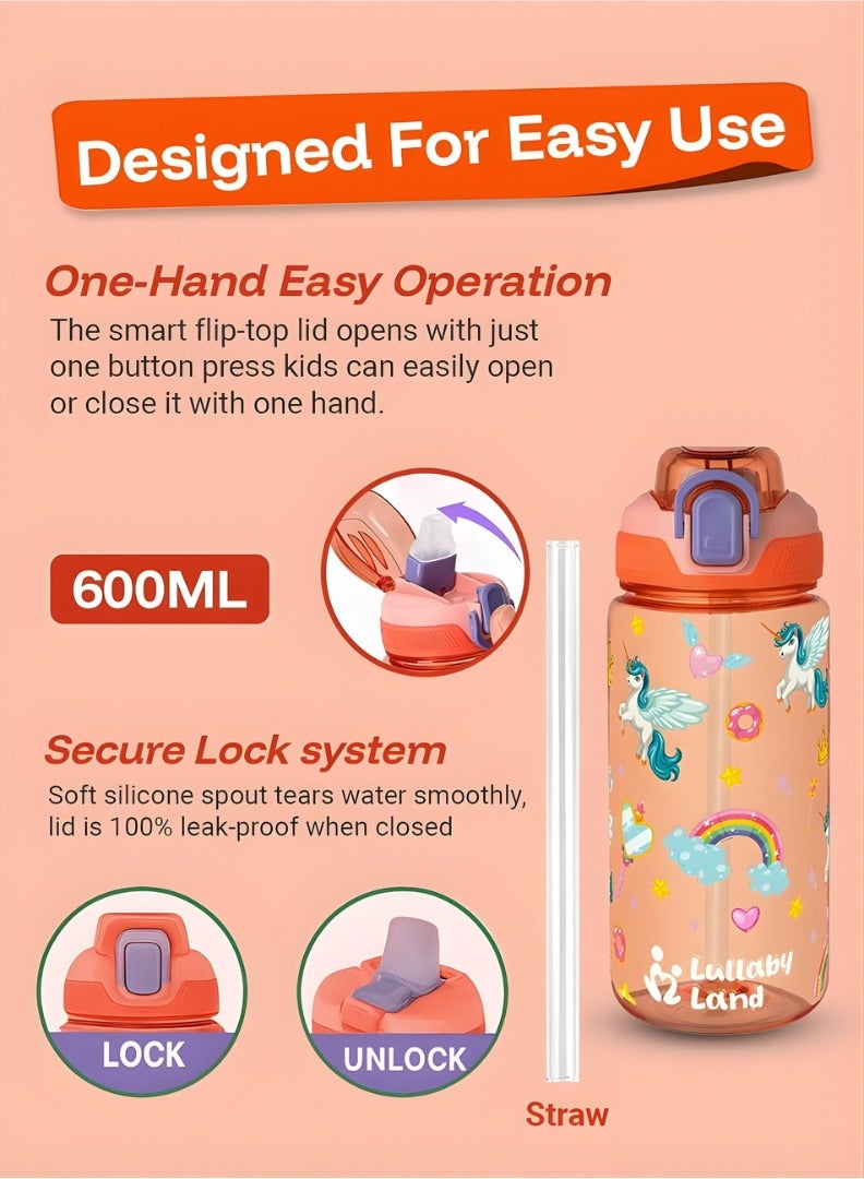 Lullaby Land 600ml Unicorn Water Bottle for Kids Ultra Light Weight, Stay Hydrated with Kids Water Bottle for School, No Leak, BPA Free, Easy to Carry, Durable and Safe Water Bottle for Girls, Pink - Image 2