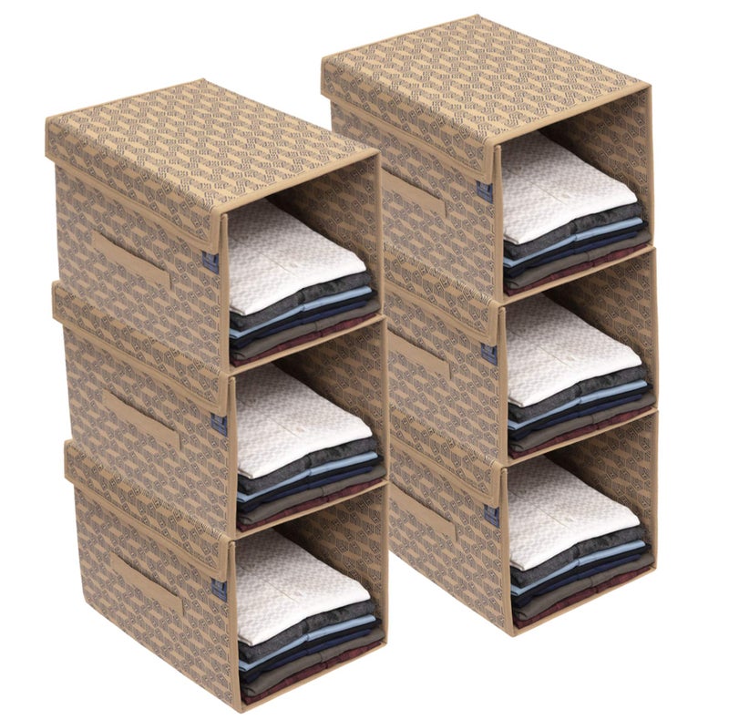 HomeStrap Printed Stackable Shirt Organizer With Cover Lid- Beige Pack Of 6(Featured On Shark Tank)(Non-Woven,Rectangular),24x40x24 Cm - Image 1