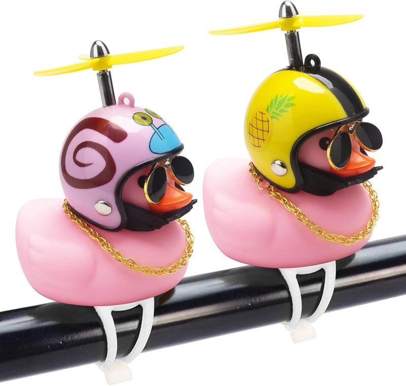 wonuu Rubber Duck Car Ornaments, 2Pcs Yellow Duck Car Dashboard Decorations Squeeze Duck Bicycle Horns with Propeller Helmet - Image 1