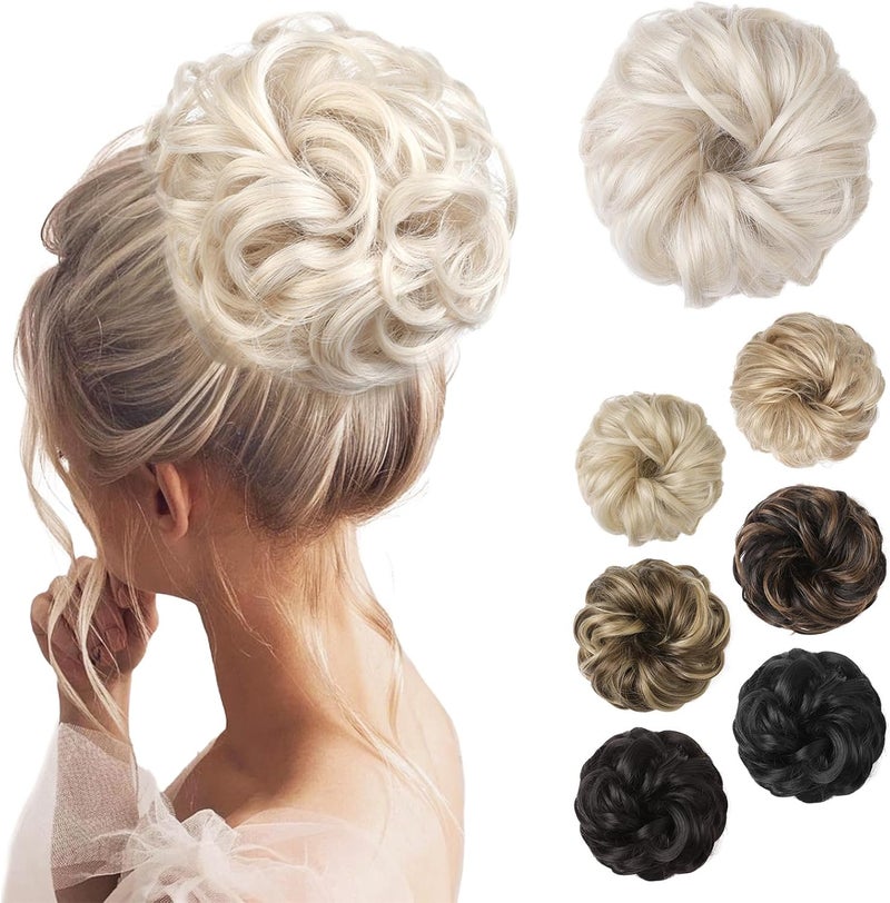 REECHO Messy Bun Hair Piece Thick Tousled Updo Elastic Synthetic Ponytail Extensions for Women Scrunchies Donut Accessories Platinum Blonde