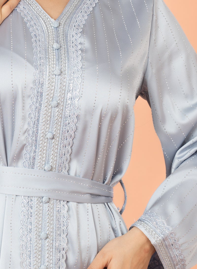 اكسا جلابية فخمة عنق مثلث رمادي - Image 2