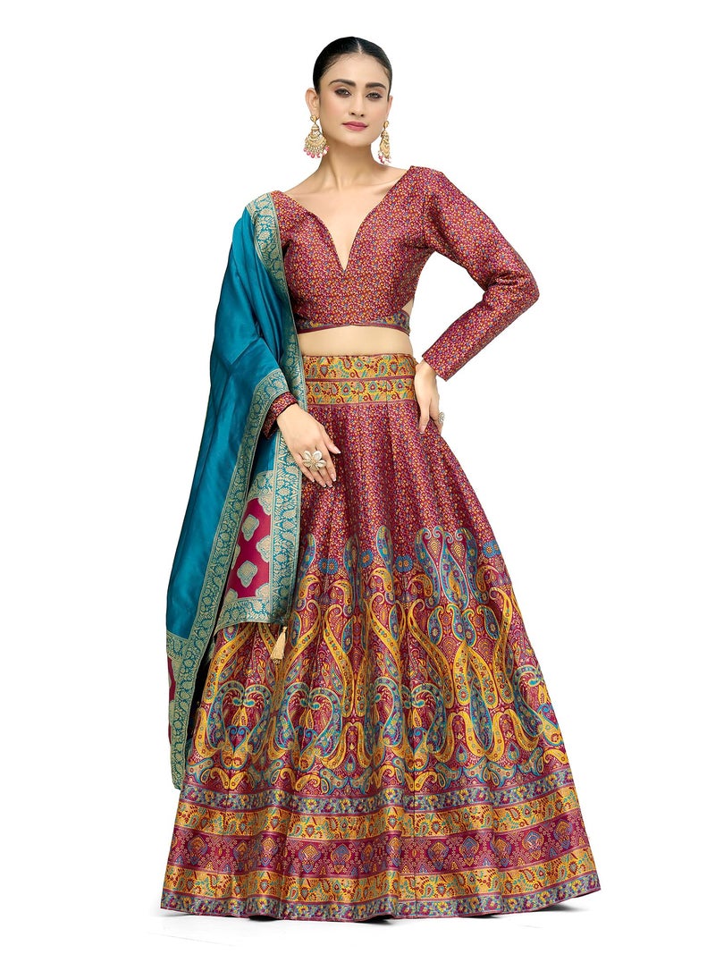PURVAJA Women's Kanjiwaram Semi-Stitched Lehenga choli (Zahira-Cherry_Free Size) - Image 1