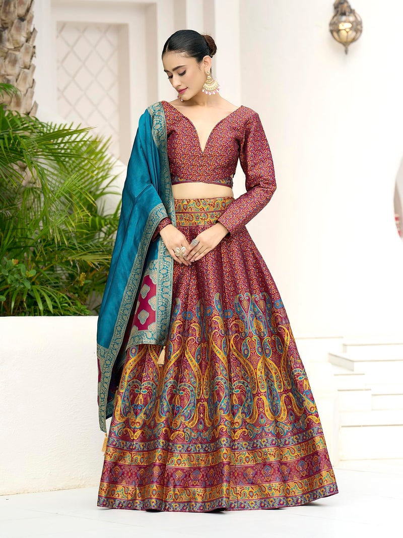 PURVAJA Women's Kanjiwaram Semi-Stitched Lehenga choli (Zahira-Cherry_Free Size) - Image 4