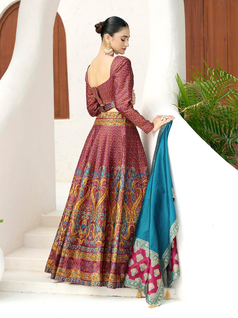 PURVAJA Women's Kanjiwaram Semi-Stitched Lehenga choli (Zahira-Cherry_Free Size) - Image 3