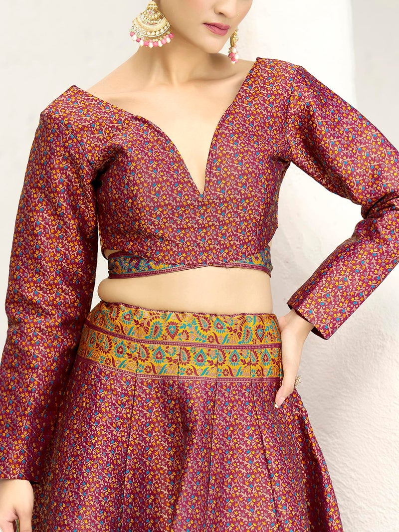 PURVAJA Women's Kanjiwaram Semi-Stitched Lehenga choli (Zahira-Cherry_Free Size) - Image 5