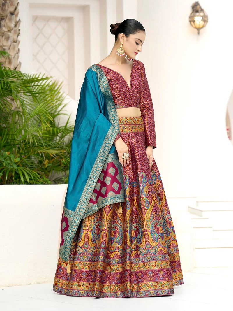 PURVAJA Women's Kanjiwaram Semi-Stitched Lehenga choli (Zahira-Cherry_Free Size) - Image 2