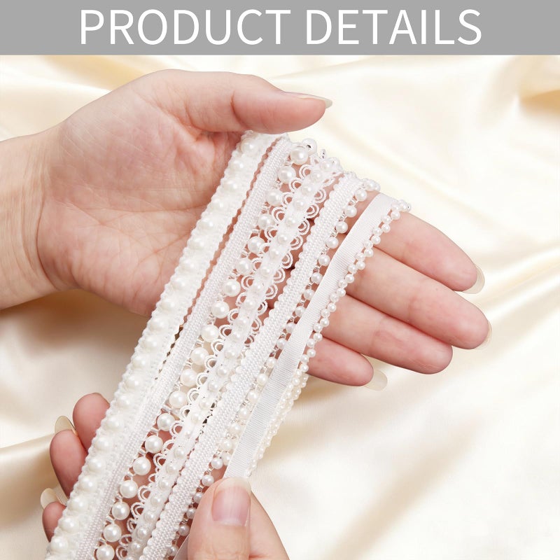 HLTOO 5 Yards Pearls Lace Ribbon Trim, White Beaded Fringe Trim Applique, for Sewing Clothing, Curtains, Wedding Decoration, Bridal Dress, Belt, Headwear, 5 Styles - Image 3