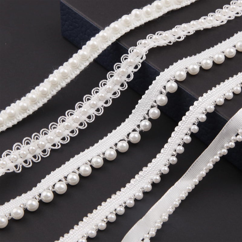 HLTOO 5 Yards Pearls Lace Ribbon Trim, White Beaded Fringe Trim Applique, for Sewing Clothing, Curtains, Wedding Decoration, Bridal Dress, Belt, Headwear, 5 Styles - Image 1