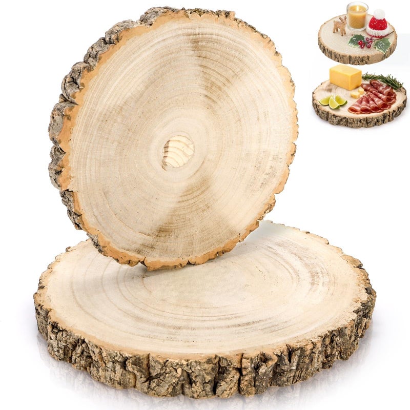 Cididu 2 Pack Wood Slabs Serving Board, 9-11 Inch Cheese Charcuterie Board, Natural Cake Stand, Round Cutting Board Wooden Slices Unfinished for Kitchen, Table Centerpieces, DIY Crafts, Christmas - Image 1