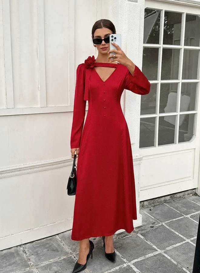 تايك تو Red Red Floral Neck Long Sleeve Maxi Dress