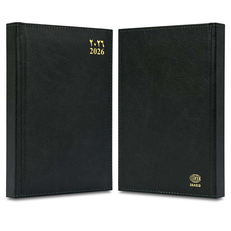 FIS مفكرة FIS 2026 الذهبية A5، 148x210 مم، غلاف إيطالي PU مبطن من جانب واحد، حواف مطلية بالذهب وغلاف مخيط، عربي/إنجليزي، ورق إيطالي عاجي 70 جرام، غلاف أخضر-FSDI26AEG26GR - Image 2