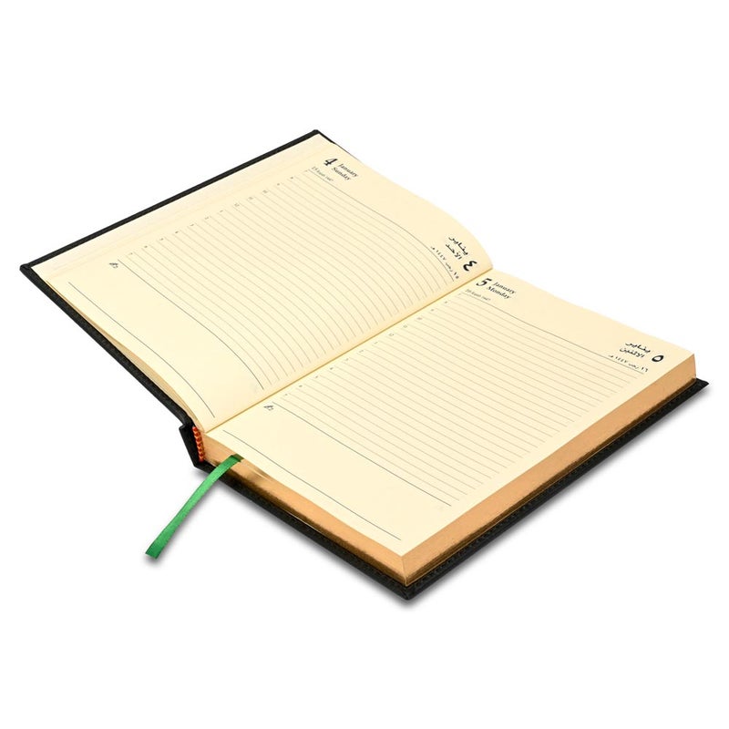 FIS مفكرة FIS 2026 الذهبية A5، 148x210 مم، غلاف إيطالي PU مبطن من جانب واحد، حواف مطلية بالذهب وغلاف مخيط، عربي/إنجليزي، ورق إيطالي عاجي 70 جرام، غلاف أخضر-FSDI26AEG26GR - Image 3