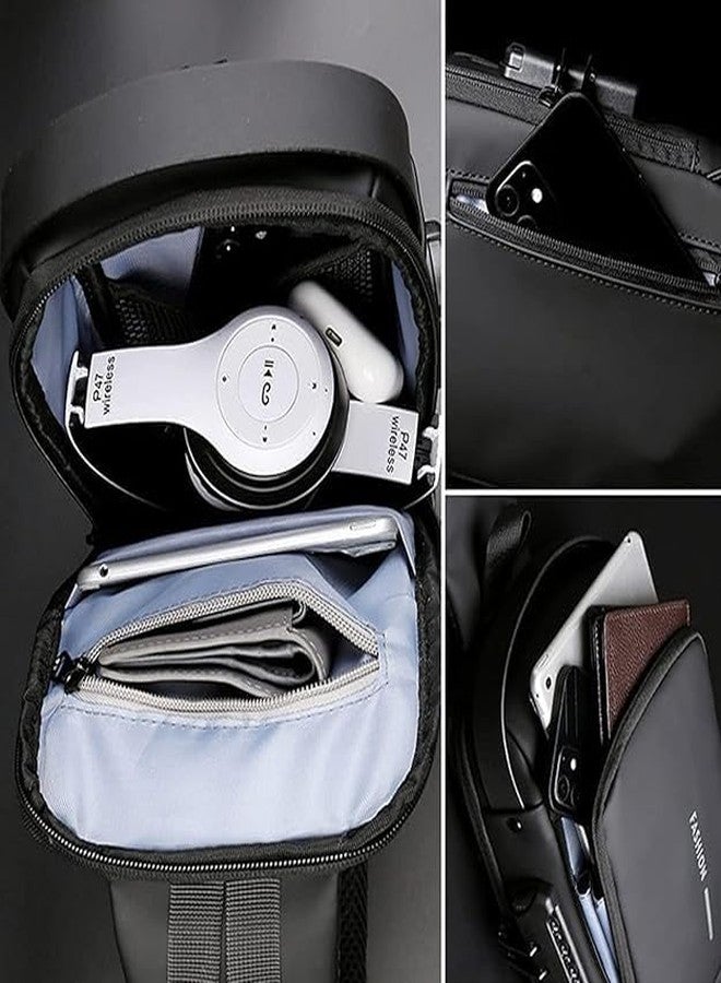 AB SALES Men's Waterproof Shoulder Bag with USB Charging Port, Anti-Theft Sling Backpack, Reflective Strip, Multi-Pocket Crossbody for Tablet, Travel, Outdoor, Business (Black) - Image 5