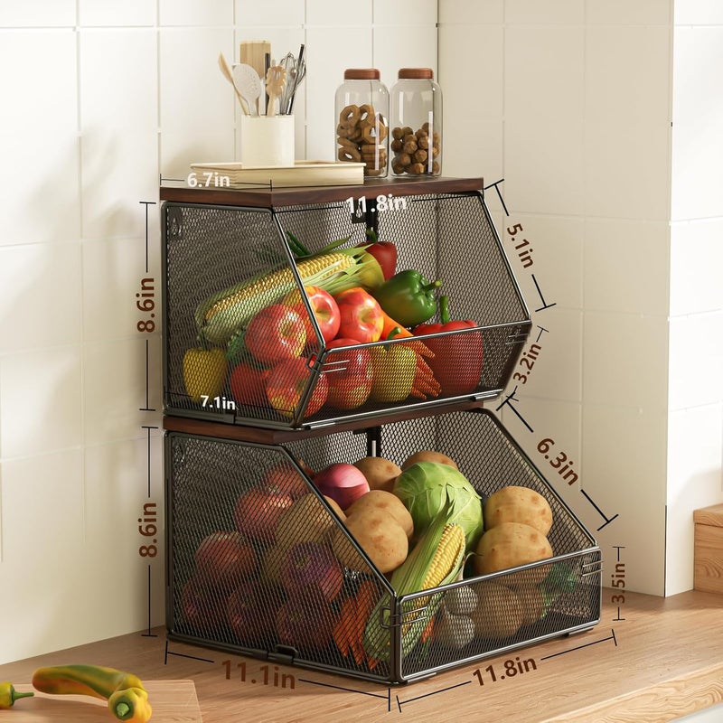 Litwaro Stackable Fruit Basket Wire Baskets with Wood Lid, Wall Mounted Produce Basket for Fruit and Vegetable Storage, Countertop Onion and Potato Storage, 7.1"W & 11.1"W Kitchen Counter Organizer - Image 2