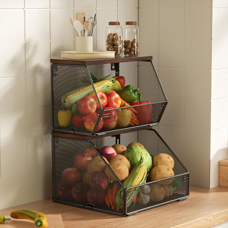 Litwaro Stackable Fruit Basket Wire Baskets with Wood Lid, Wall Mounted Produce Basket for Fruit and Vegetable Storage, Countertop Onion and Potato Storage, 7.1"W & 11.1"W Kitchen Counter Organizer - Image 1