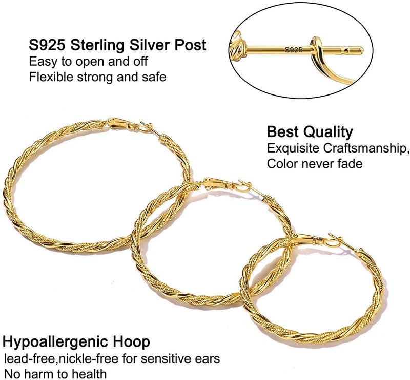 AllenCOCO Large Gold Hoops Earrings for Women - 14K Gold Thin Twisted Hoop Earrings with 925 Sterling Silver Post, Hypoallergenic 60mm - Image 5