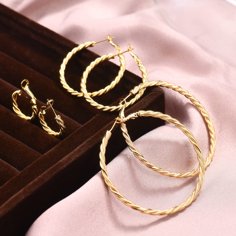 AllenCOCO Large Gold Hoops Earrings for Women - 14K Gold Thin Twisted Hoop Earrings with 925 Sterling Silver Post, Hypoallergenic 60mm - Image 2