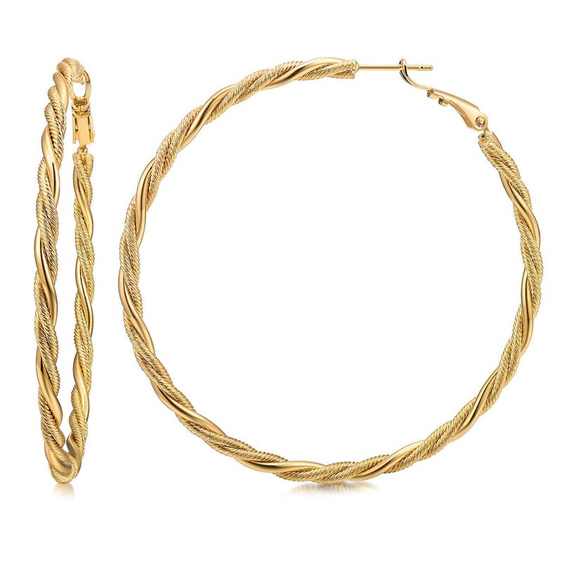 AllenCOCO Large Gold Hoops Earrings for Women - 14K Gold Thin Twisted Hoop Earrings with 925 Sterling Silver Post, Hypoallergenic 60mm - Image 1