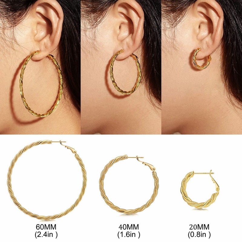 AllenCOCO Large Gold Hoops Earrings for Women - 14K Gold Thin Twisted Hoop Earrings with 925 Sterling Silver Post, Hypoallergenic 60mm - Image 4
