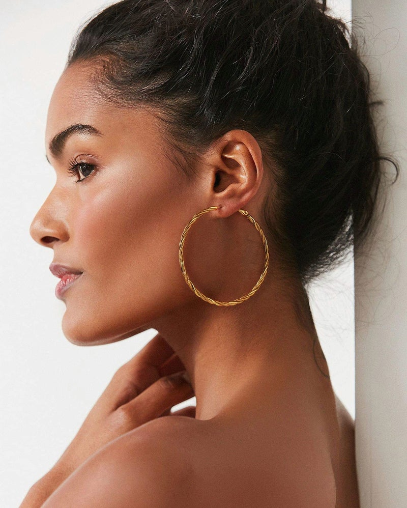 AllenCOCO Large Gold Hoops Earrings for Women - 14K Gold Thin Twisted Hoop Earrings with 925 Sterling Silver Post, Hypoallergenic 60mm - Image 3
