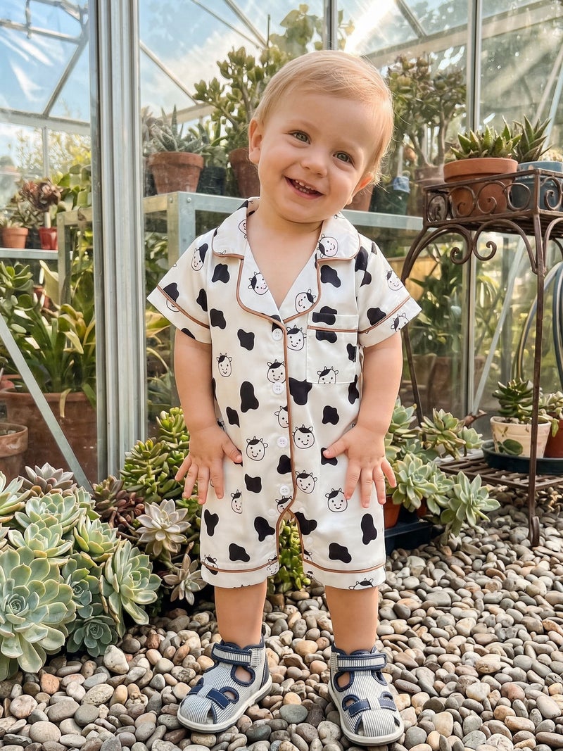 Baby Boys Girls Summer Pajamas Adorable Cow Print Short Sleeve Turn Down Collar Button Down Jumpsuit - Image 1