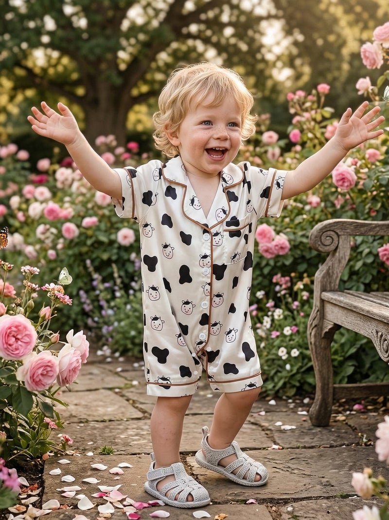 Baby Boys Girls Summer Pajamas Adorable Cow Print Short Sleeve Turn Down Collar Button Down Jumpsuit - Image 2