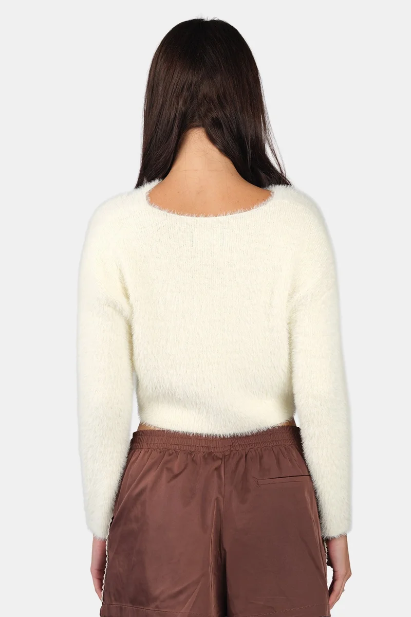 Virgio White Self Design Viscose V-Neck Buttery Soft Crop Knit Top for Women for Women | Best Price UAE