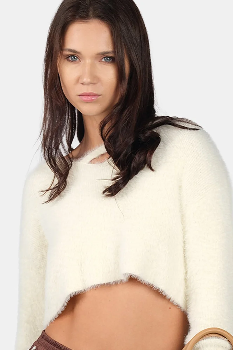 Virgio White Self Design Viscose V-Neck Buttery Soft Crop Knit Top for Women for Women | Best Price UAE